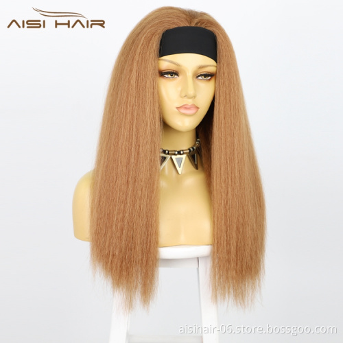 Aisi Hair Light Brown Glueless 26'' Cheap Straight Yaki Synthetic Attached Wholesale Grip For Black Women Headband Wig